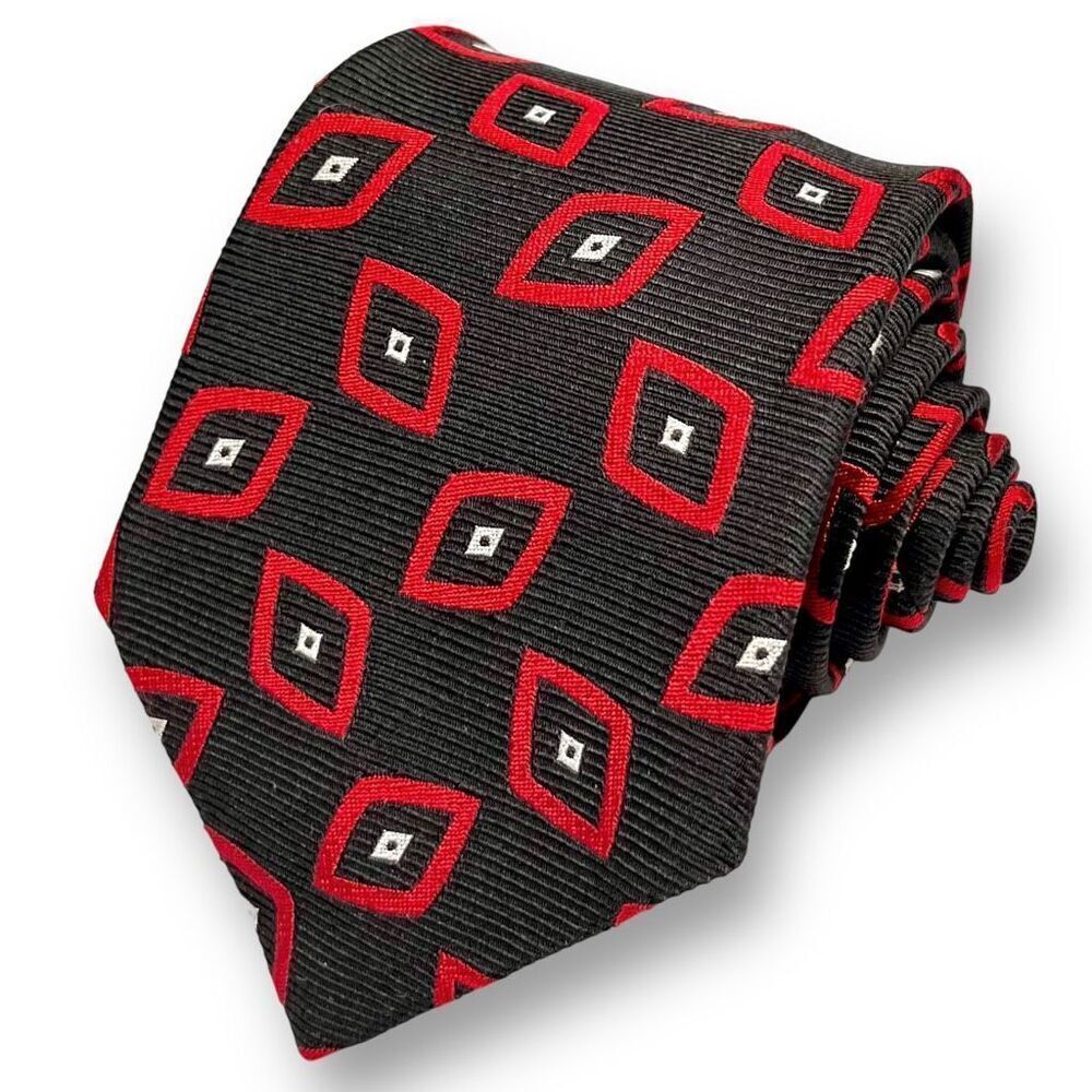 TURNBULL & ASSER Men’s English Luxury Designer Red Black Geometric 100% Silk Tie